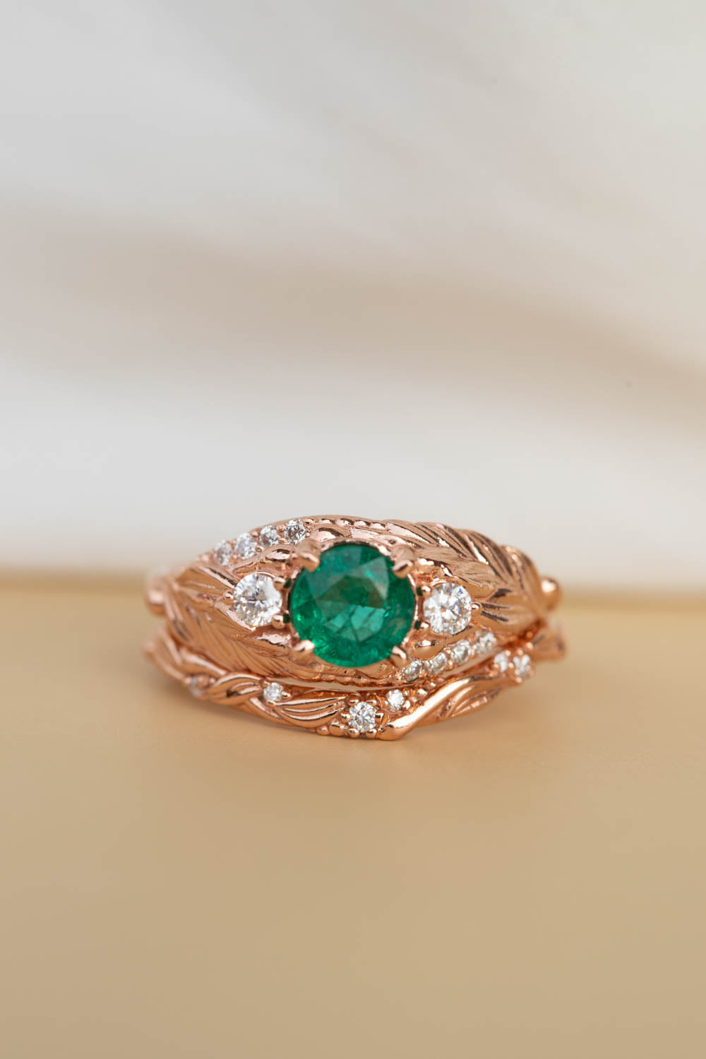 Natural round emerald engagement ring set, fantasy nature inspired stacking ring set with emerald and diamonds / Verdi - Eden Garden Jewelry™