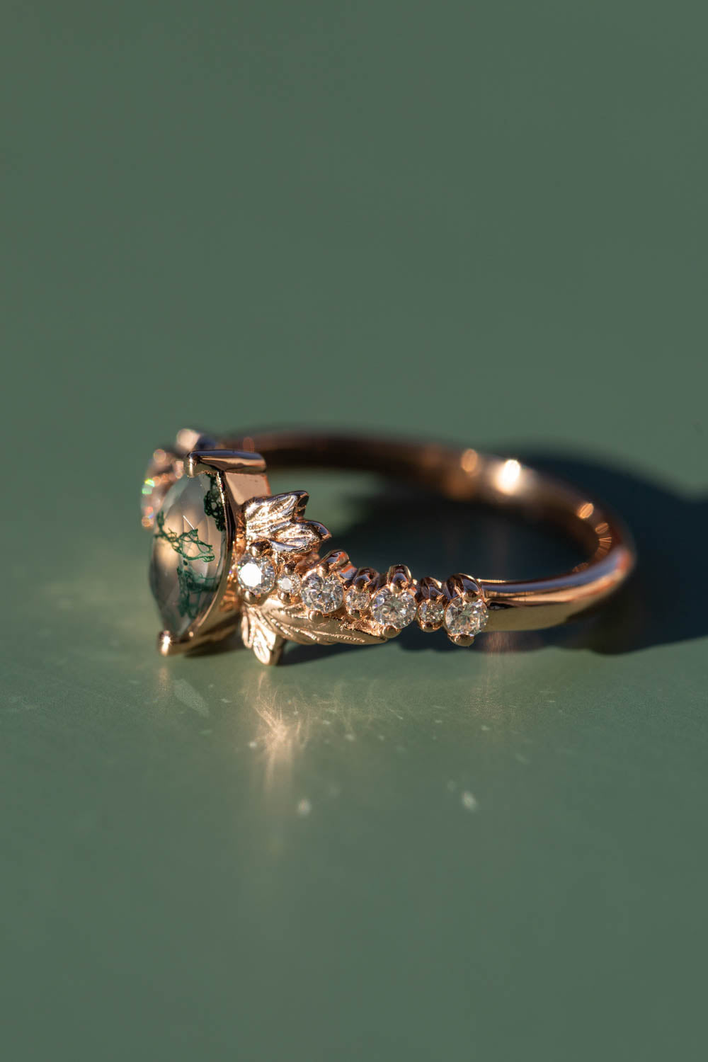 Marquise cut moss agate engagement ring, nature inspired gold leaf ring / Verbena - Eden Garden Jewelry™