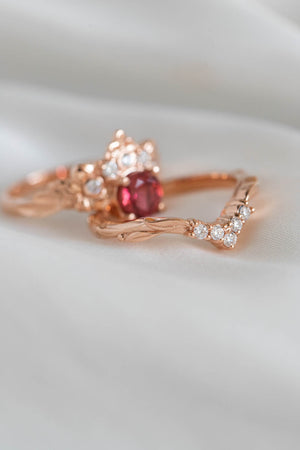 Pink tourmaline bridal ring set, diamond flower crown engagement ring set /  Forget Me Not - Eden Garden Jewelry™