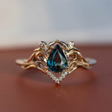 White gold engagement ring with teal sapphire, elvish bridal ring with diamonds / Lida small - Eden Garden Jewelry™