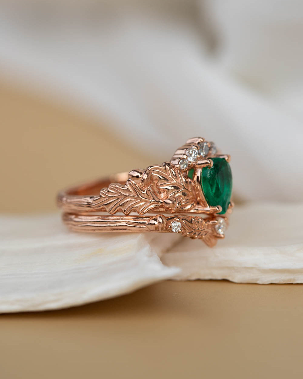 Natural emerald oak leaves bridal ring set, nature inspired engagement and wedding rings / Royal Oak - Eden Garden Jewelry™