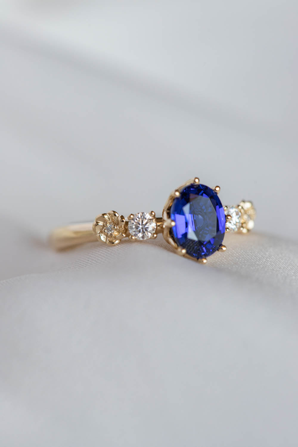 Harmony: A Fine Vivid Royal Blue & Trillion Diamond 3-Stone Ring.