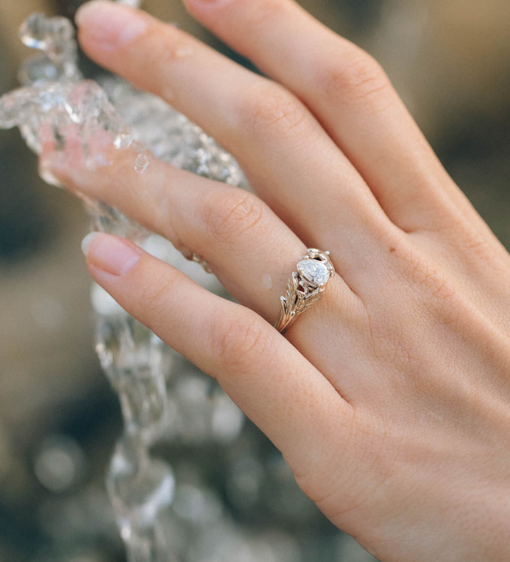 White sapphire nature inspired gold leaf engagement ring / Wisteria - Eden Garden Jewelry™