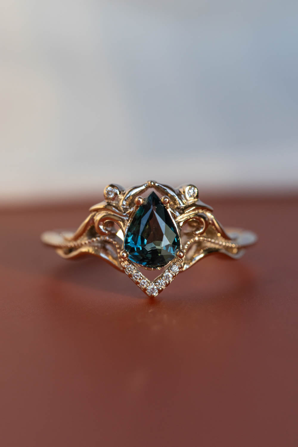 Rose gold engagement ring set with natural teal sapphire and diamonds / Lida small - Eden Garden Jewelry™