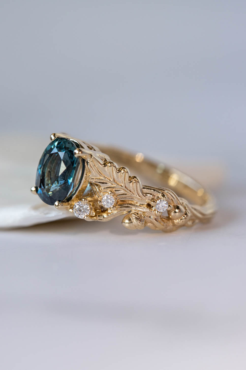 Oval sapphire engagement ring, gold oak leaves and diamonds promise ring / Silviya - Eden Garden Jewelry™