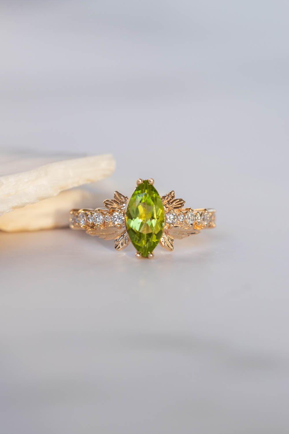 Peridot and diamonds engagement ring, nature inspired gold leaf ring / Verbena - Eden Garden Jewelry™