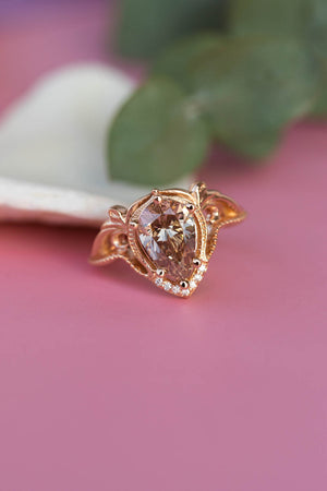 Big pear champagne diamond engagement ring, vintage inspired rose gold statement ring / Lida - Eden Garden Jewelry™