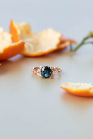 Cushion teal sapphire twig engagement ring, rose gold ring with leaves and diamonds / Patricia - Eden Garden Jewelry™
