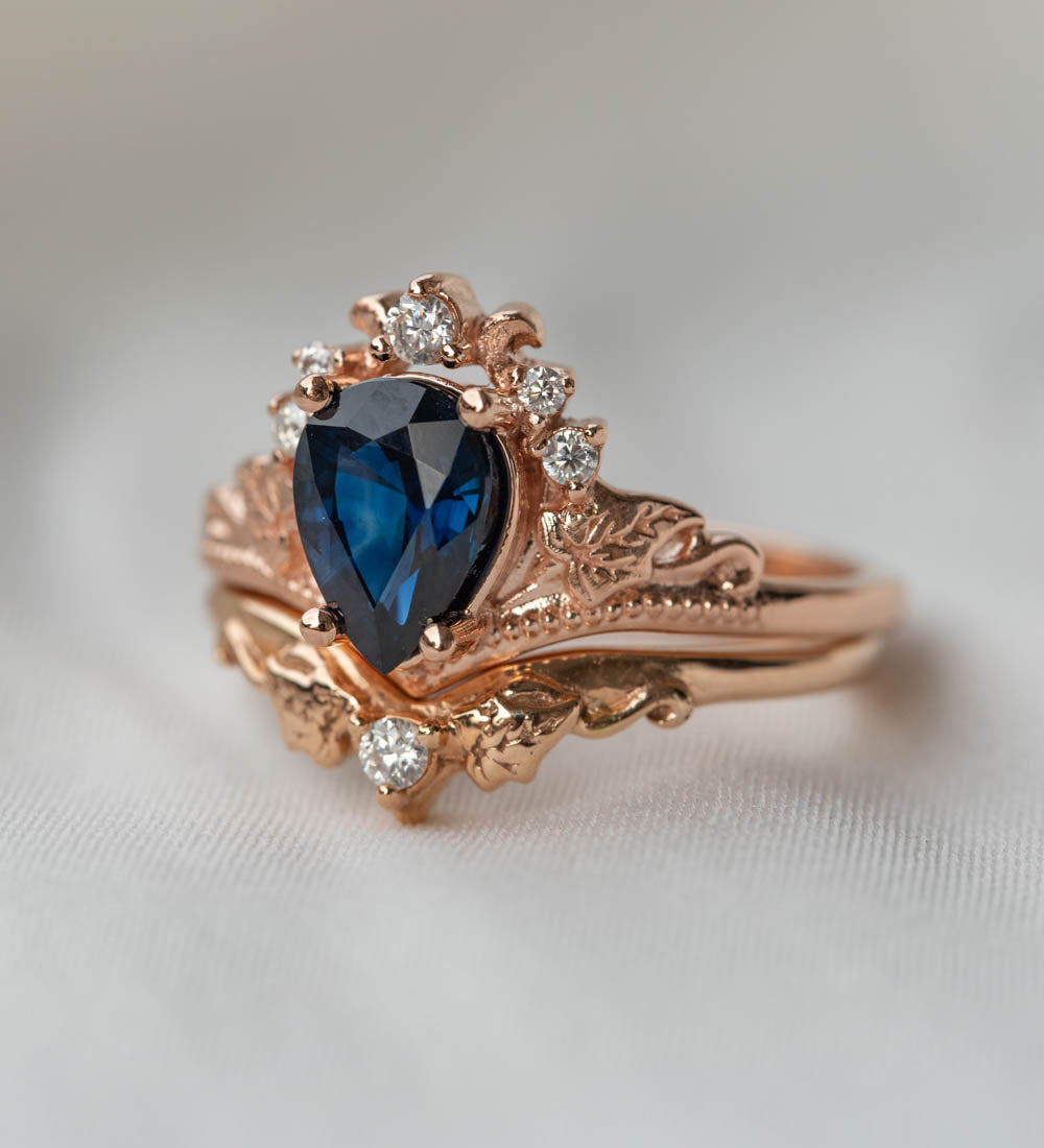 Natural sapphire bridal ring set, dark blue sapphire engagement ring set with diamonds / Ariadne - Eden Garden Jewelry™