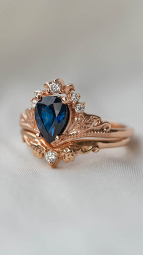 Natural sapphire bridal ring set, dark blue sapphire engagement ring set with diamonds / Ariadne - Eden Garden Jewelry™
