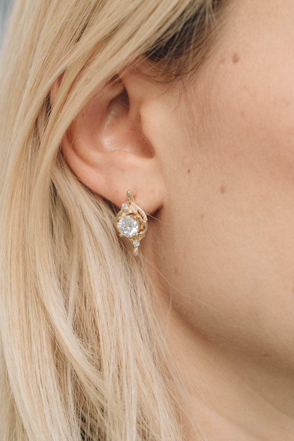 READY TO SHIP: Nature inspired moissanite Undina earrings, gold leaf earrings with 1 carat moissanites - Eden Garden Jewelry™