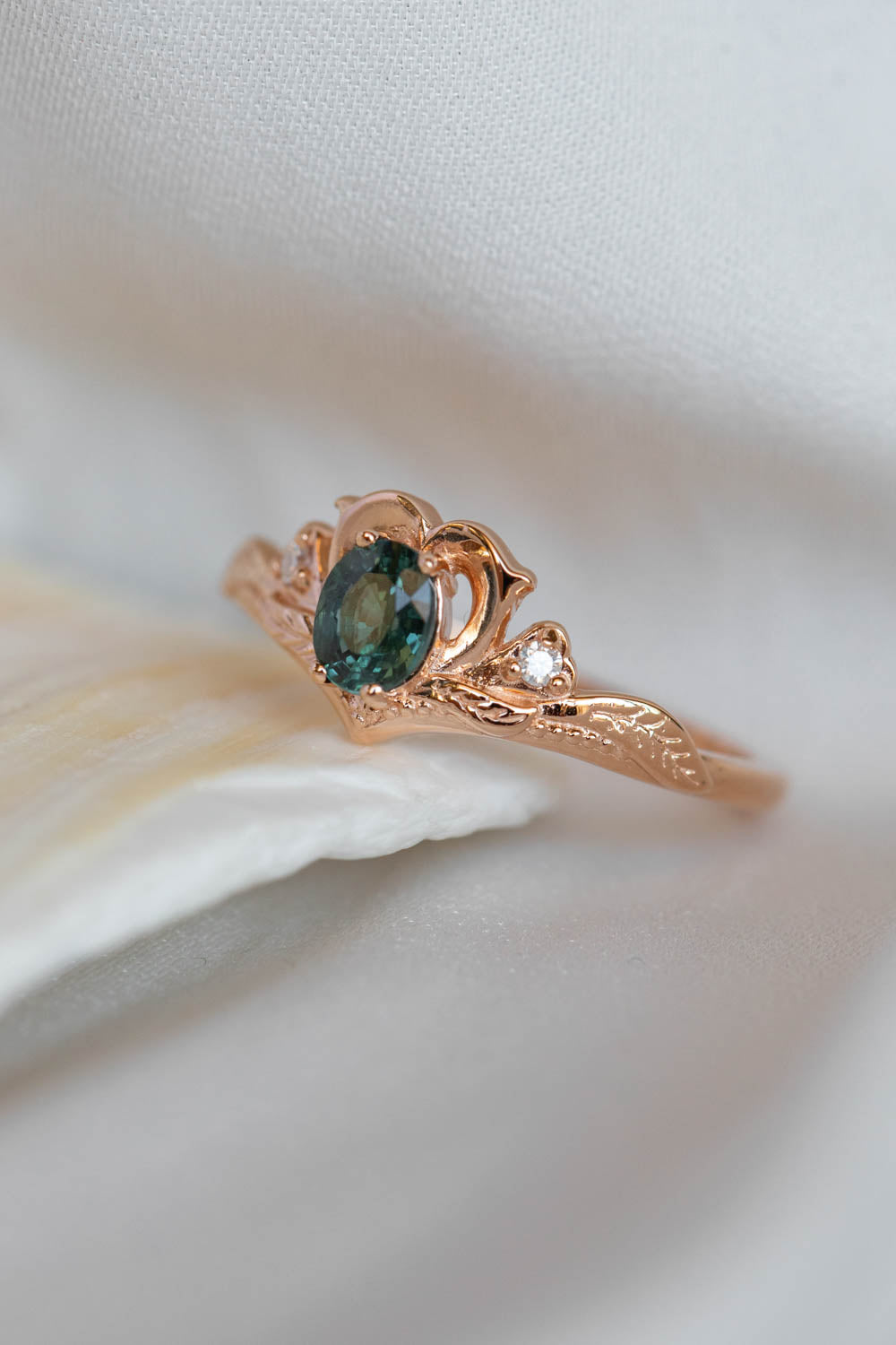 Genuine teal sapphire engagement ring, heart and diamond proposal ring / Amura - Eden Garden Jewelry™