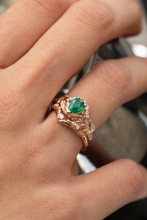 Natural emerald bridal ring set, diamond crown gold leaf engagement and wedding rings  / Palmira Crown - Eden Garden Jewelry™