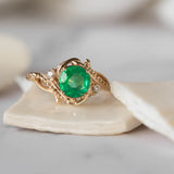 Natural emerald and diamonds engagement ring, elvish nature inspired gold ring / Undina - Eden Garden Jewelry™