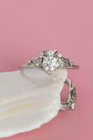 Lab grown diamond white gold engagement ring with tiny ivy leaves / Ariadne - Eden Garden Jewelry™