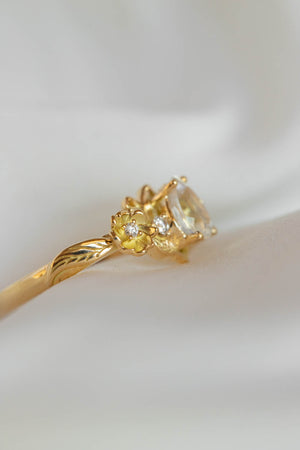 Rainbow moonstone and diamonds engagement ring, leaf and flower gold ring / Adelina - Eden Garden Jewelry™