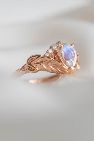 Pear moonstone engagement ring set, diamond crown gold leaves bridal ring set / Palmira Crown - Eden Garden Jewelry™