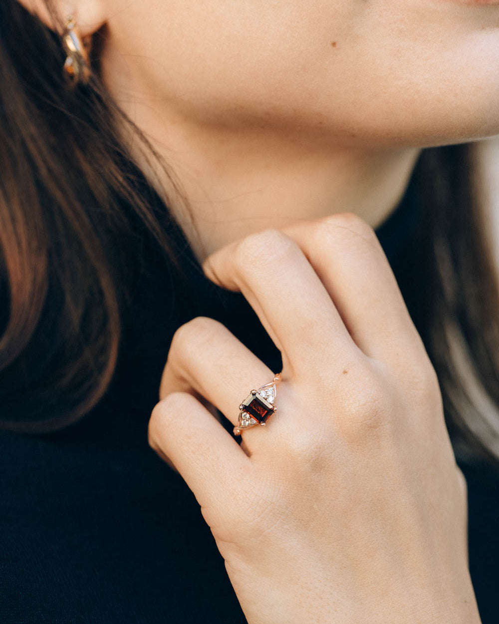 Natural garnet and diamonds engagement ring, emerald cut gemstone rose gold ring / Gloria - Eden Garden Jewelry™