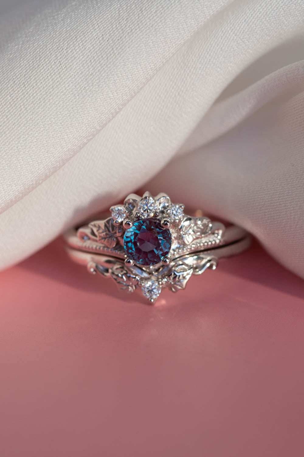 Colour changing alexandrite engagement ring set, fantasy white gold bridal ring set with diamonds  / Ariadne - Eden Garden Jewelry™