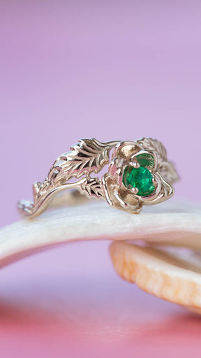 Emerald rose shaped engagement ring, white gold flower proposal ring / Blooming Rose - Eden Garden Jewelry™