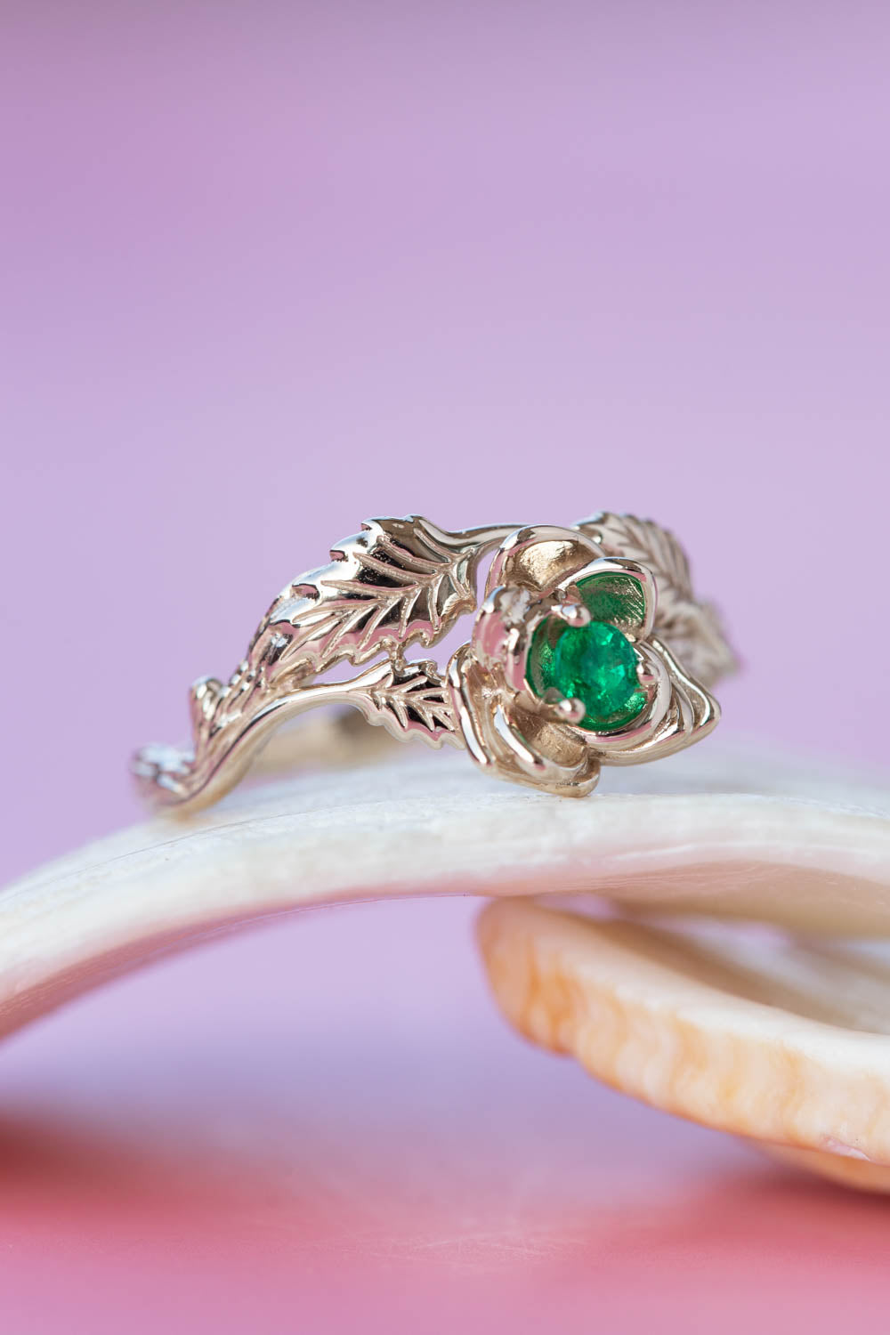 Emerald rose shaped engagement ring, white gold flower proposal ring / Blooming Rose - Eden Garden Jewelry™