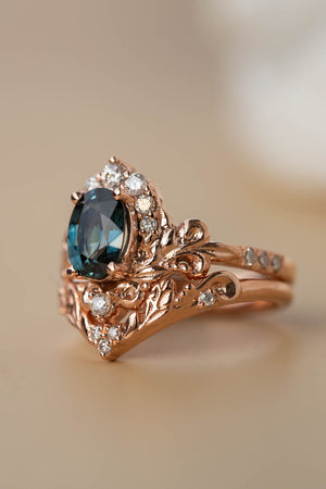 Natural teal sapphire bridal ring set, baroque inspired gold engagement ring set with diamonds / Sophie - Eden Garden Jewelry™