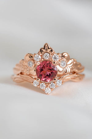 Pink Tourmaline wedding ring set 14k Rose Gold Victorian floral pattern  engagement rings