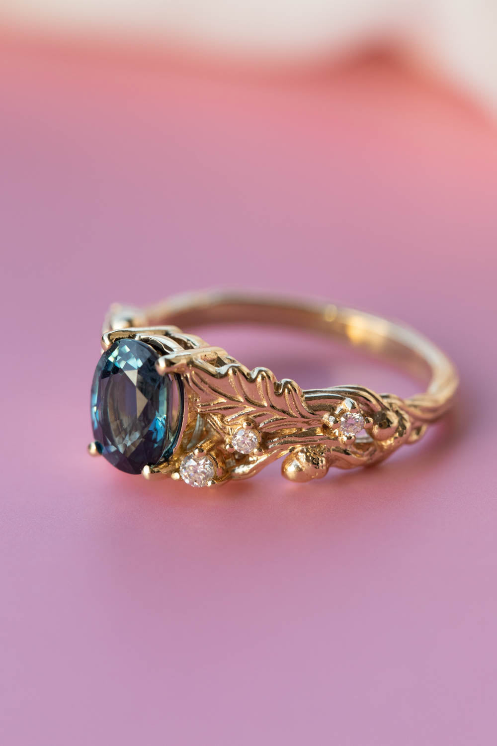 Oval sapphire engagement ring, gold oak leaves and diamonds promise ring / Silviya - Eden Garden Jewelry™