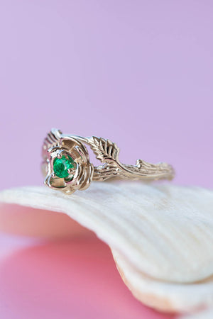 Emerald rose shaped engagement ring, white gold flower proposal ring / Blooming Rose - Eden Garden Jewelry™