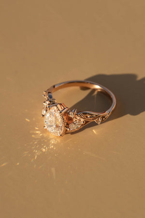 Lab grown diamond twig engagement ring, pear cut gemstone rose gold ring with leaves and diamonds / Patricia - Eden Garden Jewelry™