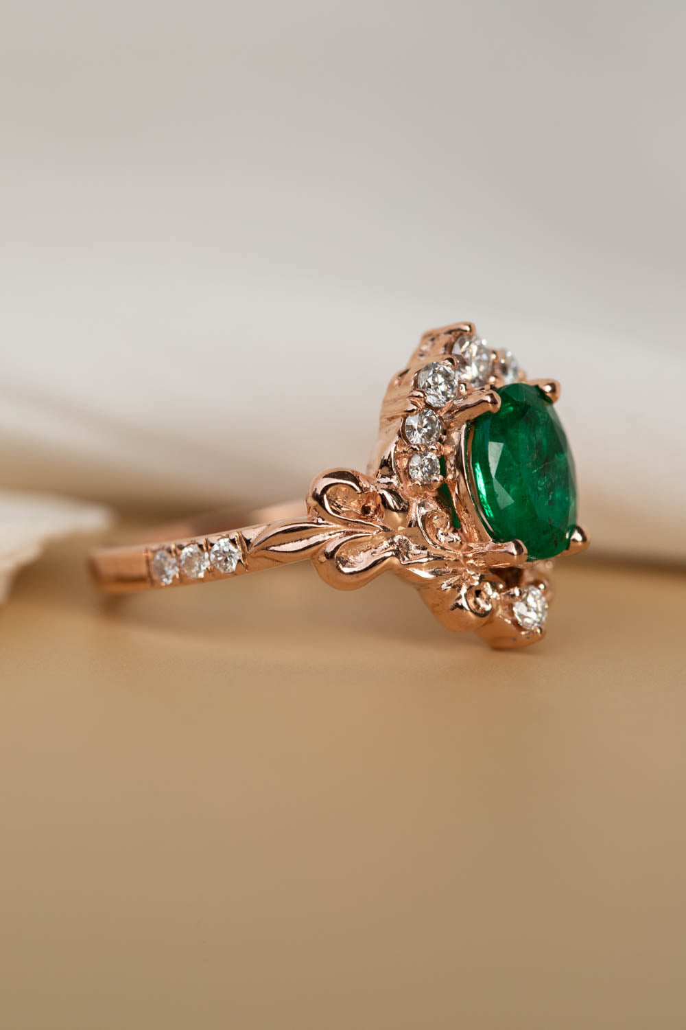Natural emerald and diamonds bridal ring set, baroque inspired rose gold engagement ring set / Sophie - Eden Garden Jewelry™