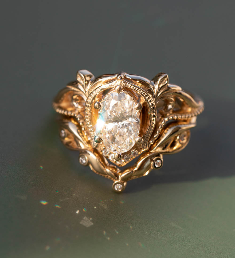 Oval lab grown diamond bridal ring set, fairy engagement and wedding rings / Lida - Eden Garden Jewelry™