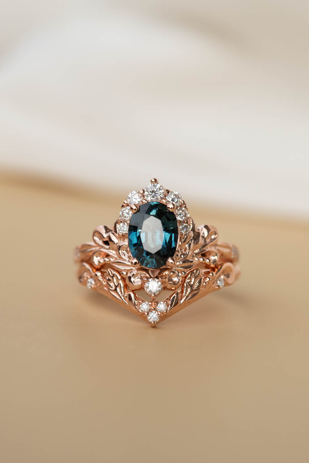 Sapphire rose gold engagement ring, half halo diamond gold proposal ring / Sophie - Eden Garden Jewelry™