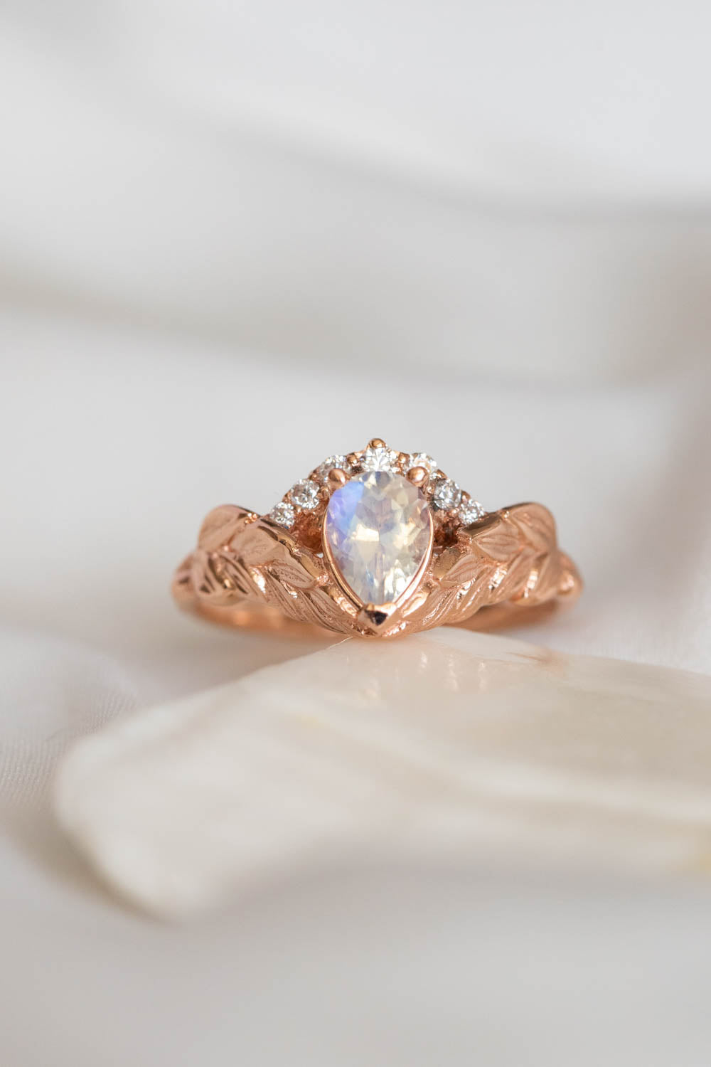 Pear moonstone engagement ring set, diamond crown gold leaves bridal ring set / Palmira Crown - Eden Garden Jewelry™