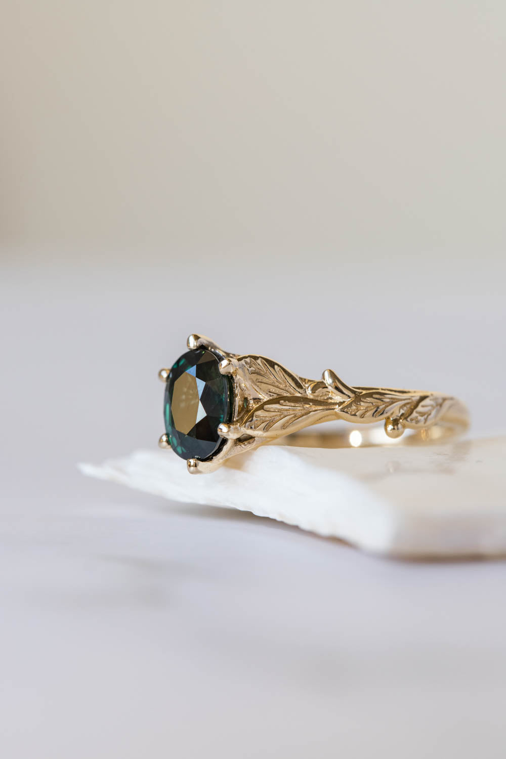 Dark teal sapphire engagement ring, oval cut gemstone gold leaf ring / Freesia - Eden Garden Jewelry™