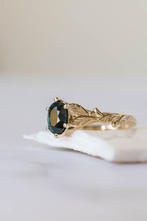 Dark teal sapphire engagement ring, oval cut gemstone gold leaf ring / Freesia - Eden Garden Jewelry™