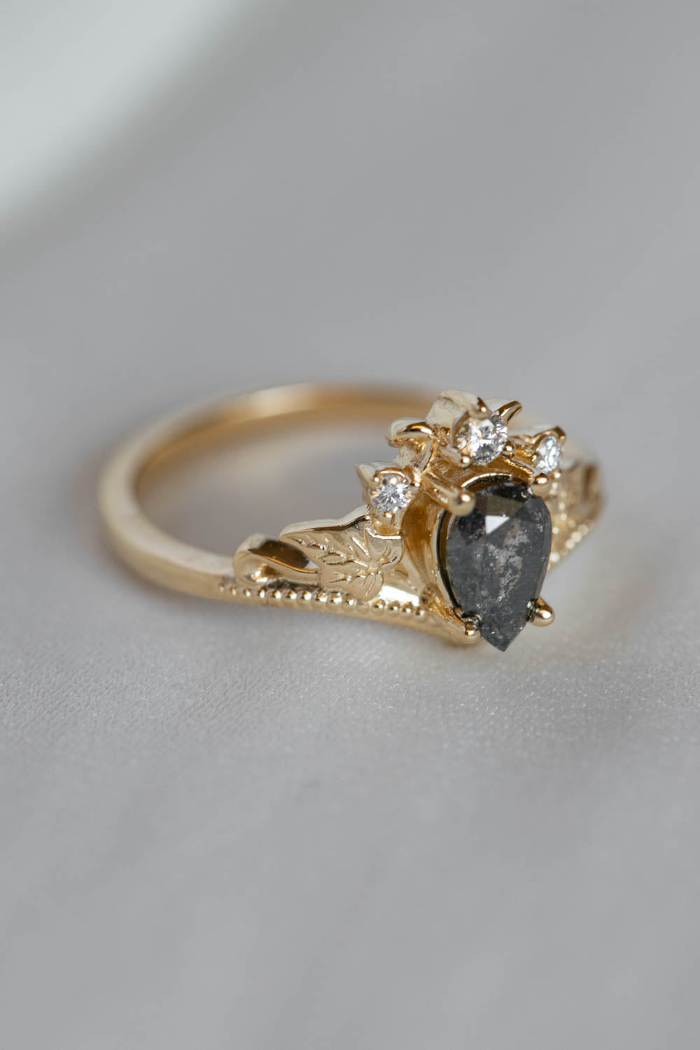 Tiara shape engagement ring with natural salt and pepper diamond / Ariadne - Eden Garden Jewelry™