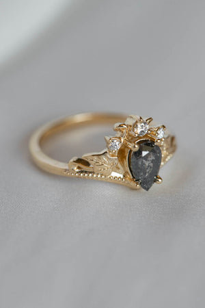 Tiara shape engagement ring with natural salt and pepper diamond / Ariadne - Eden Garden Jewelry™