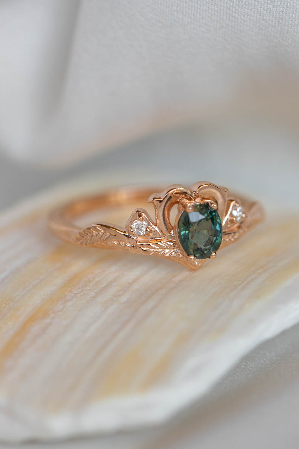 READY TO SHIP: Amura in 14K rose gold, natural oval cut teal sapphire 6.3x5.3 mm, moissanites, RING SIZE 7 US - Eden Garden Jewelry™