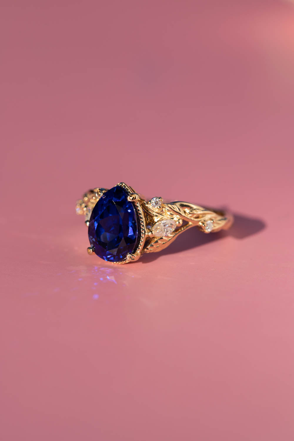 Pear sapphire twig engagement ring, royal blue lab sapphire proposal ring with diamonds / Patricia - Eden Garden Jewelry™