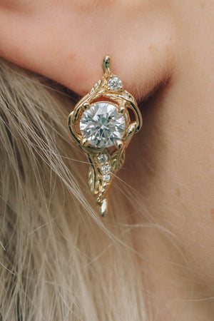 1 carat moissanite earrings, gold dainty leaf earrings with moissanites / Undina earrings - Eden Garden Jewelry™