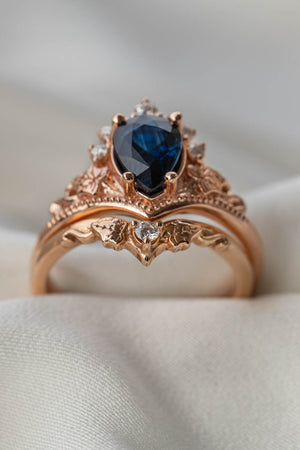 Natural sapphire bridal ring set, dark blue sapphire engagement ring set with diamonds / Ariadne - Eden Garden Jewelry™