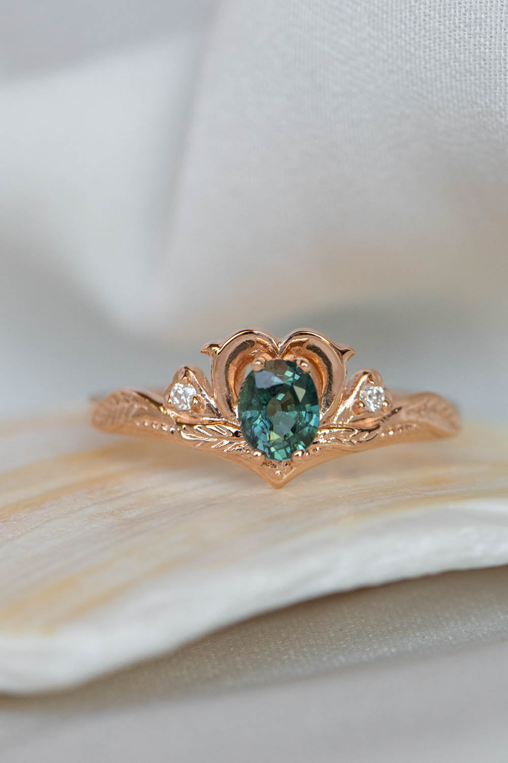 Genuine teal sapphire engagement ring, heart and diamond proposal ring / Amura - Eden Garden Jewelry™