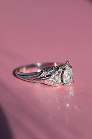 White gold leaf engagement ring with pear cut lab grown diamond and accent diamonds / Wisteria - Eden Garden Jewelry™