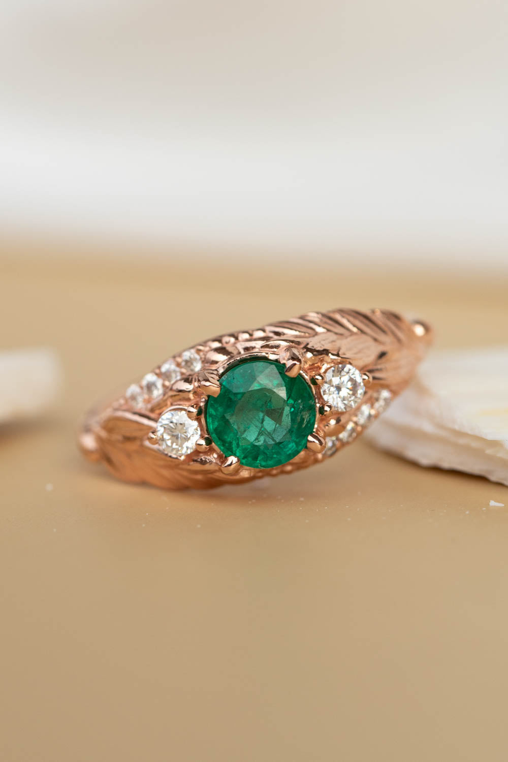 Natural round emerald engagement ring set, fantasy nature inspired stacking ring set with emerald and diamonds / Verdi - Eden Garden Jewelry™