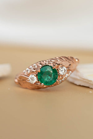 Natural Round Emerald Engagement Ring Set, Fantasy Nature Inspired Stacking Ring Set with Emerald and Diamonds / Verdi
