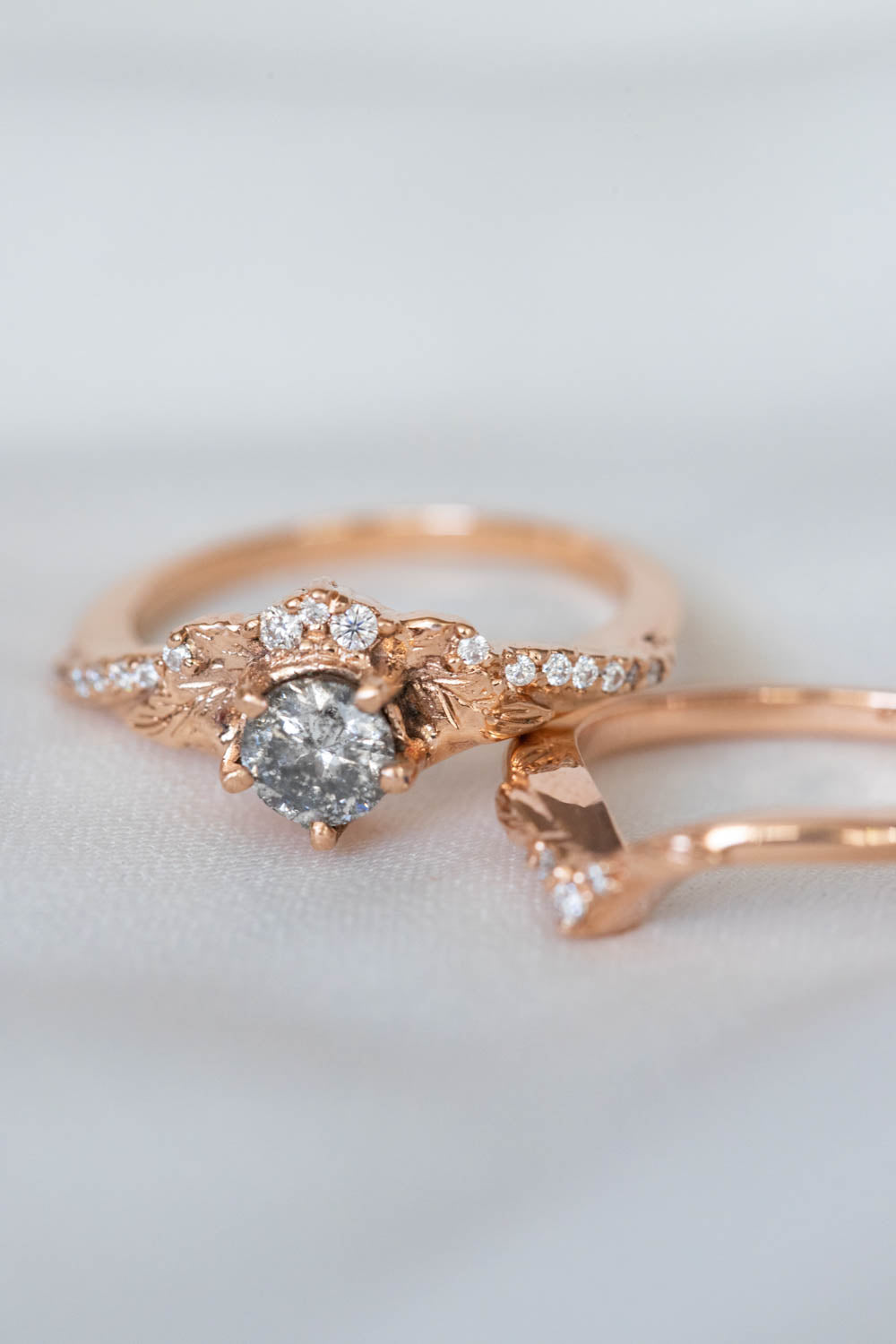 Salt and pepper diamond engagement ring set, diamond tiara shape bridal ring set / Amelia - Eden Garden Jewelry™