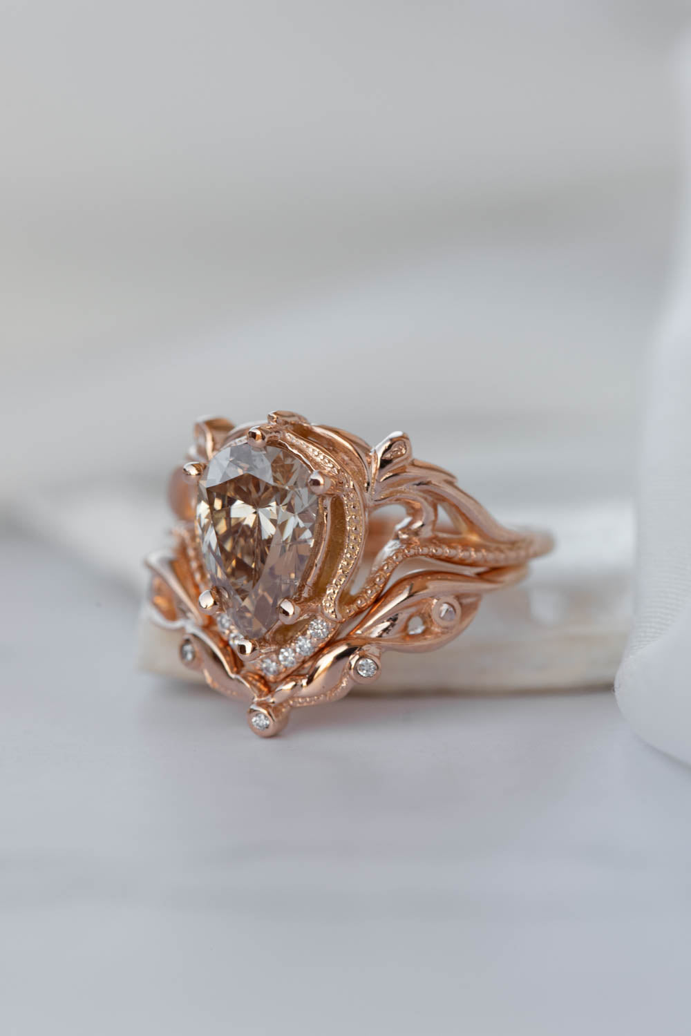 Champagne diamond rose gold engagement ring set, vintage inspired bridal ring set with diamonds / Lida - Eden Garden Jewelry™