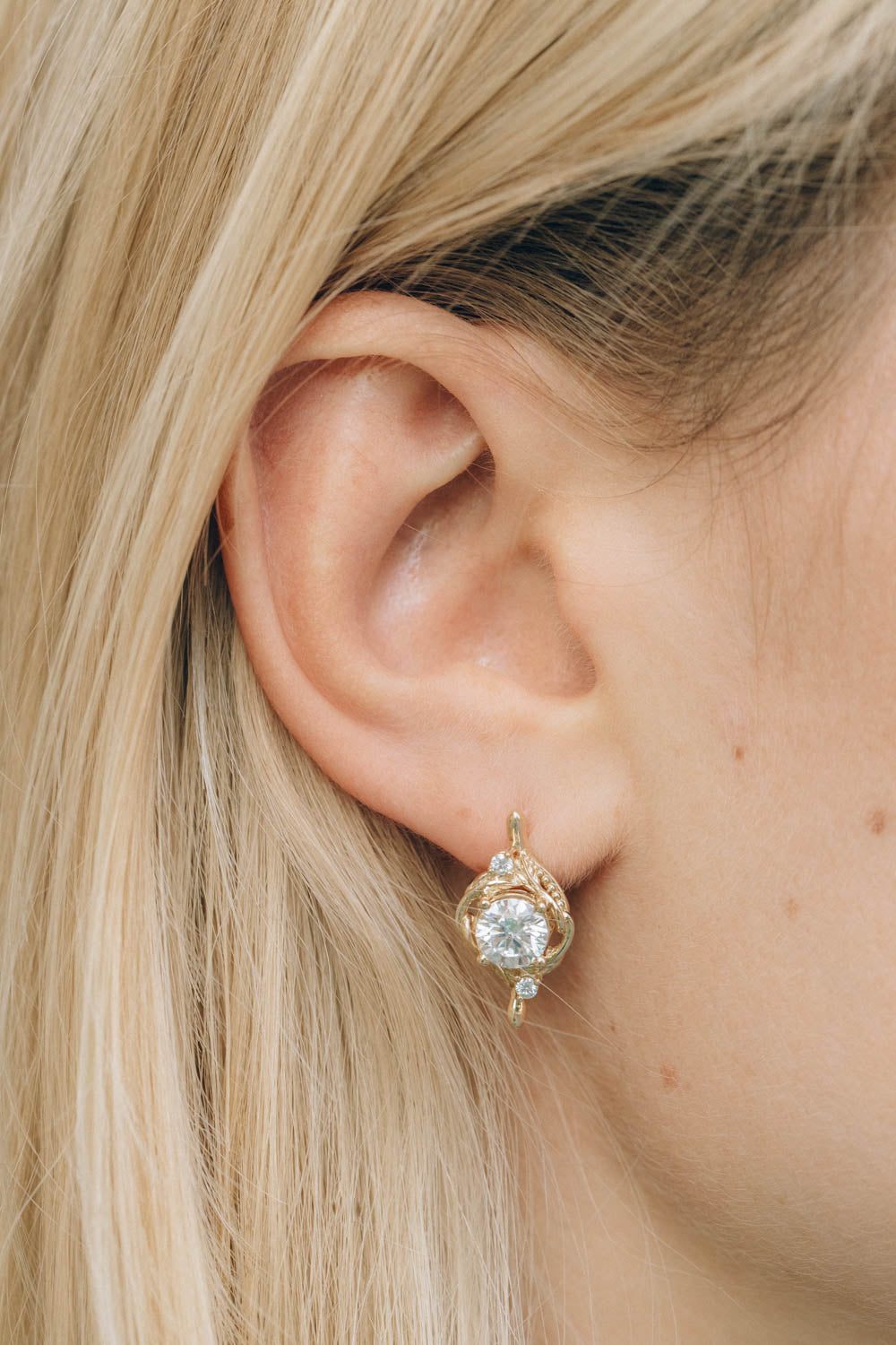 READY TO SHIP: Nature inspired moissanite Undina earrings, gold leaf earrings with 1 carat moissanites - Eden Garden Jewelry™