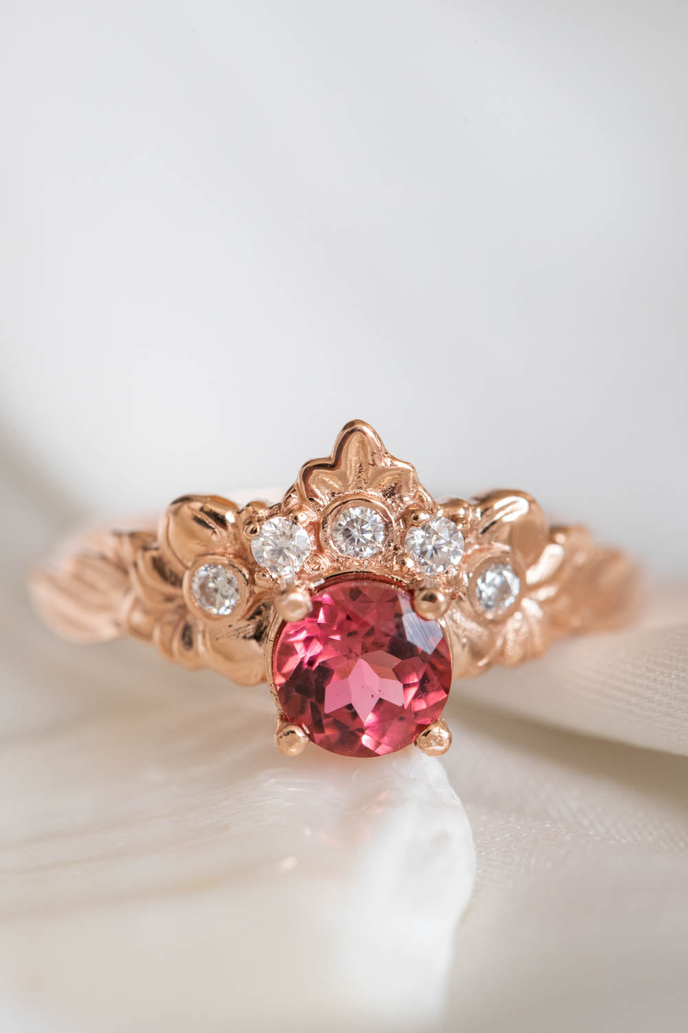 Flower Crown Engagement Ring with Pink Tourmaline, Botanic Inspired Diamond Engagement Ring / Forget Me Not